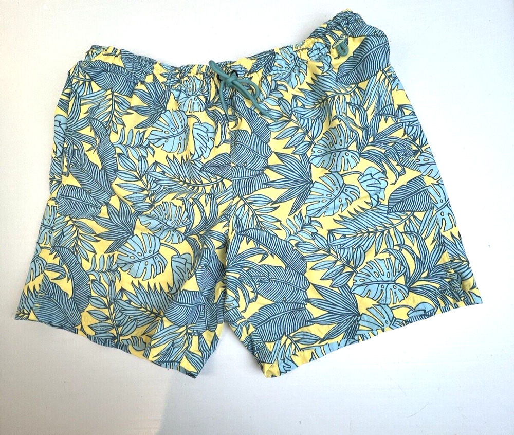 Eddie Bauer Swim Trunks Men's XL Yellow Blue Tropical Beach Pockets Drawstring